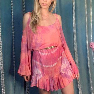 Tiare Hawaii pink, purple, and white ruffled tie dye dress.